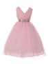 Little Girls Pink Rose Rhinestone Satin Sash V-Neck Tulle Flower Girl Dress 2-6 - SophiasStyle.com